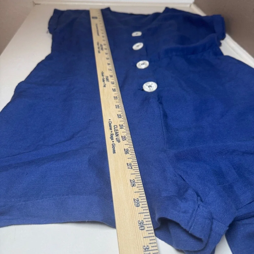 Mango MNG Basics Blue Linen Blend Button Front Romper‎ Tie Waist Women Size 4 S